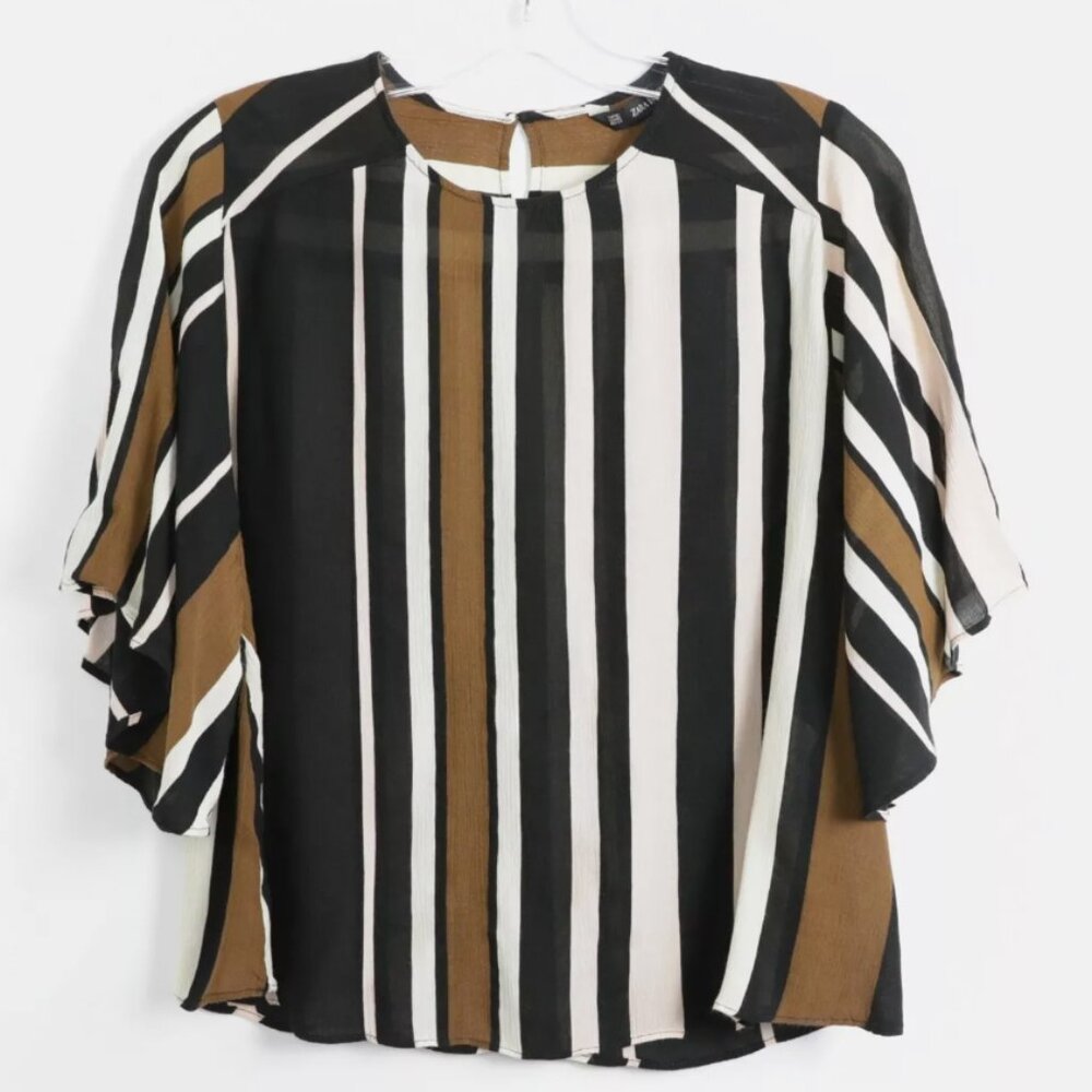Zara Striped Short Sleeve Chiffon Blouse W/Flutter Sleeve (Brown Vertical Strip)